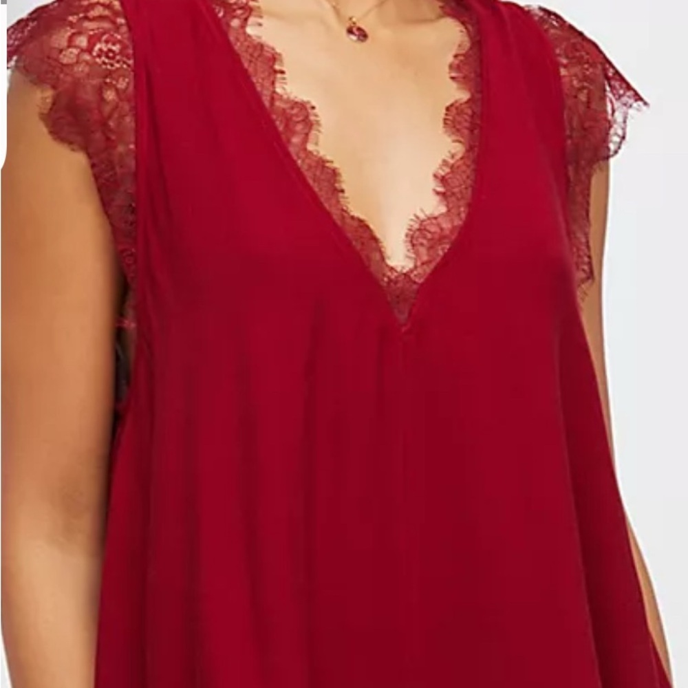Free People Red Lace Trim Blouse